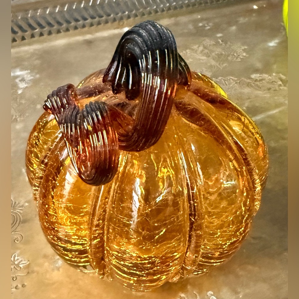 1 Sweet Lil Amber Handblown Crackle Glass Round Pumpkin W/Stem & Draped Ribbon